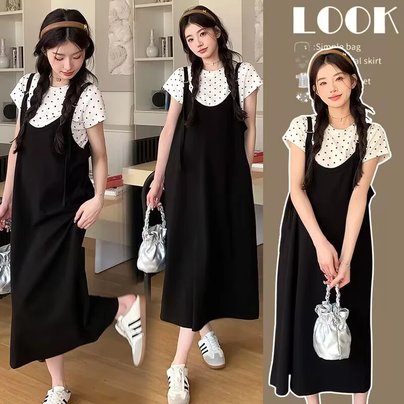 「圈圈优选」2025新款夏装微胖显瘦遮肉吊带连衣裙减龄波点上衣套装