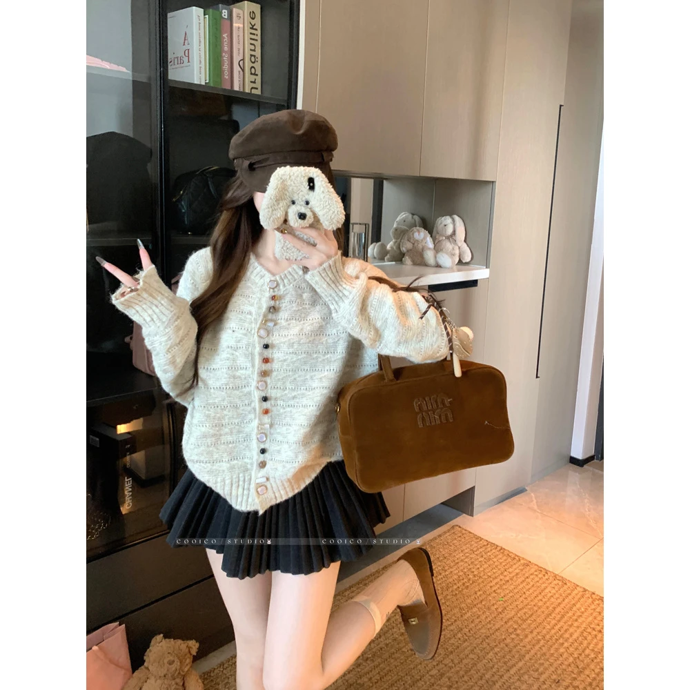 洋气衣服女 韩版彩扣软糯花边百搭针织开衫新款毛衣外套
