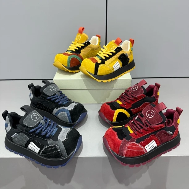 述新款厚底圆头反绒皮秋冬加绒拼色圆头丑萌鞋舒适百搭时尚休闲鞋