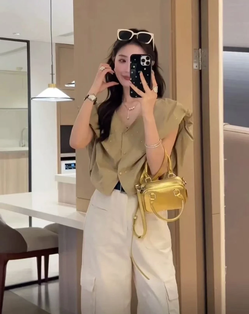 【288】M#设计感褶皱无袖开衫上衣