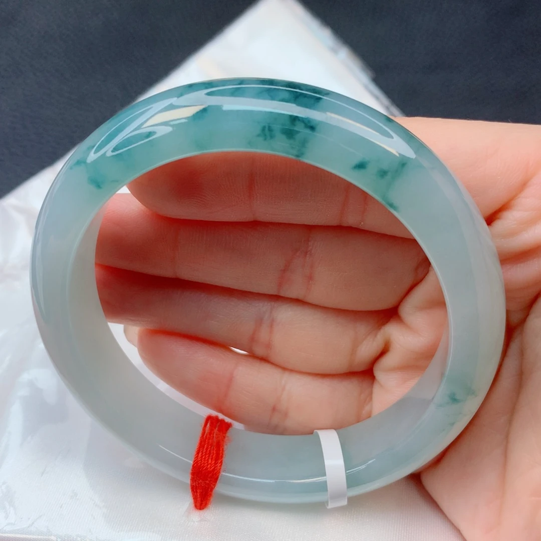 翡翠未镶嵌手镯56-57冰胶半山水蓝底飘花