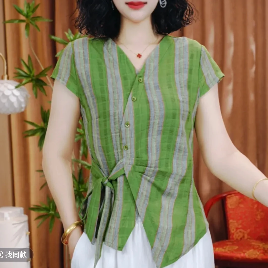 2025夏季新款休闲洋气短袖气质百搭V领显瘦开衫扣上衣小衫