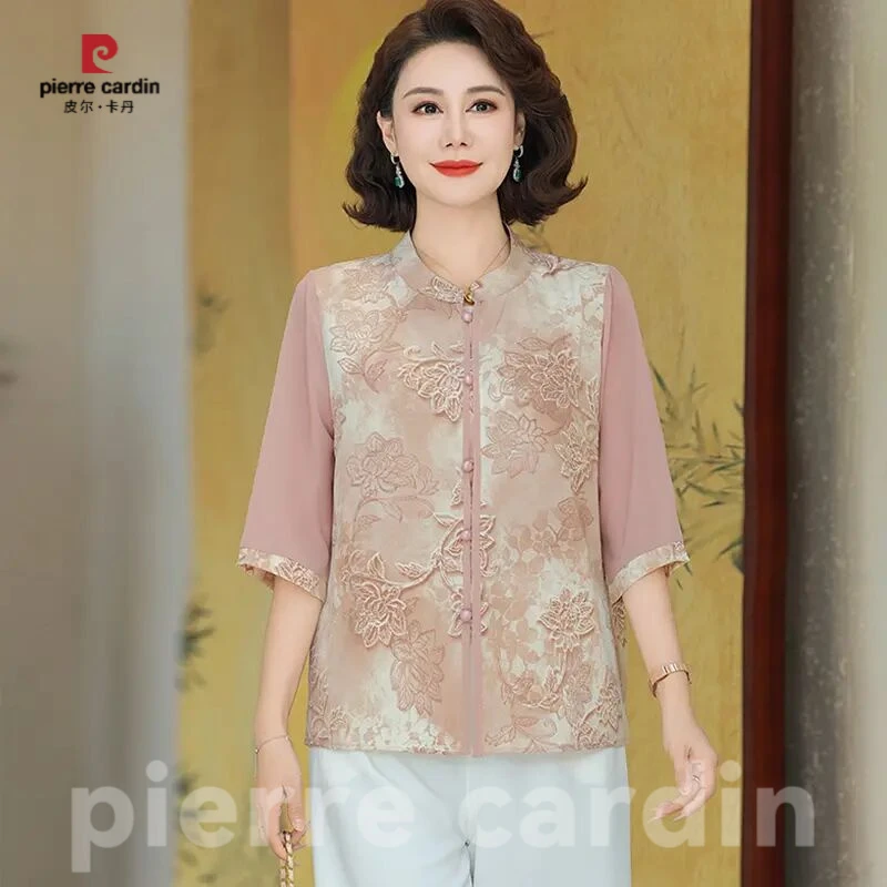 皮尔卡丹时尚妈妈夏装印花立领雪纺衬衫2025新款中老年女气质衬衣