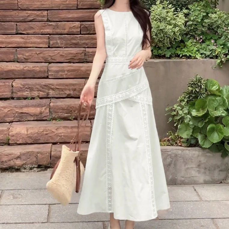 2025夏季新款背心连衣裙女收腰气质白色长裙子