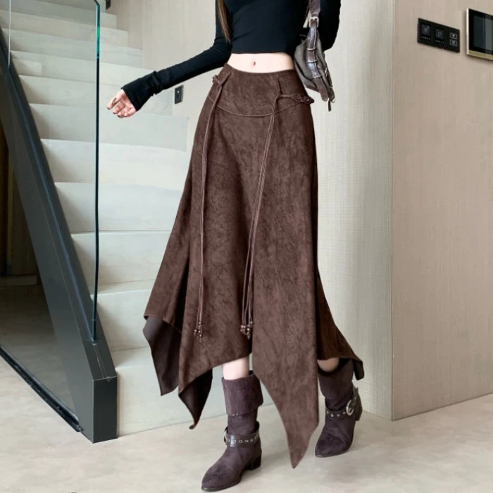 复古咖棕色半身裙女秋季设计感美式系带高腰a字裙不规则垂感长裙