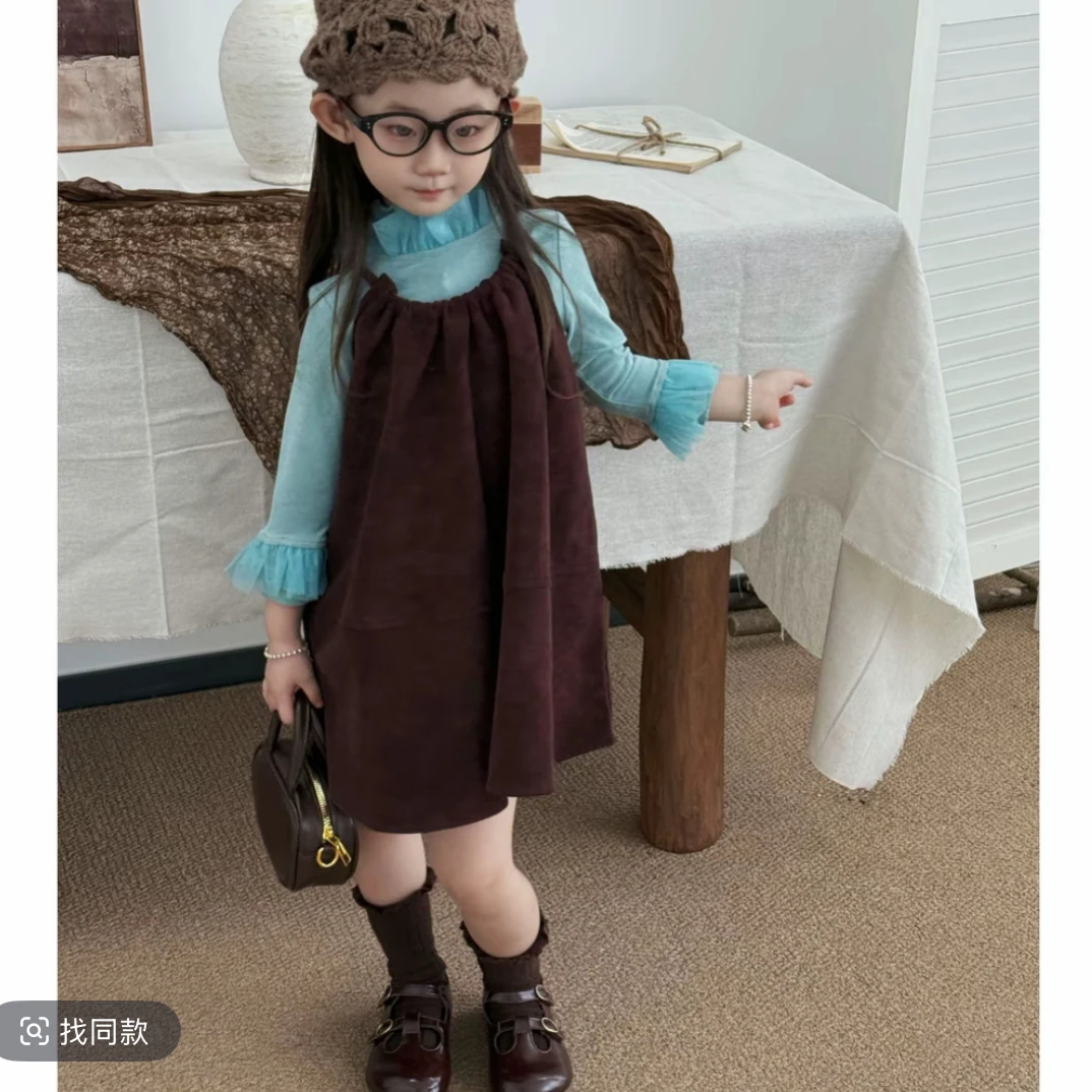 2025秋季新款女童高级绿打底复古红裙子套装