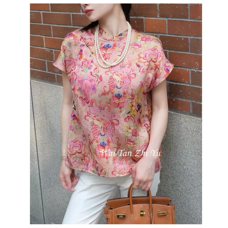 新中式国风衬衫女 立领上衣 复古宽松显瘦中式上衣」