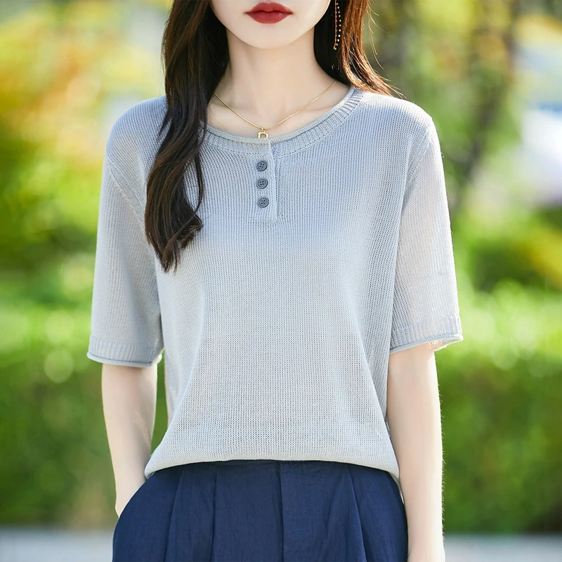 哥弟阿玛施正品2025薄款女圆领卷边休闲短袖宽松纯色百搭上衣女