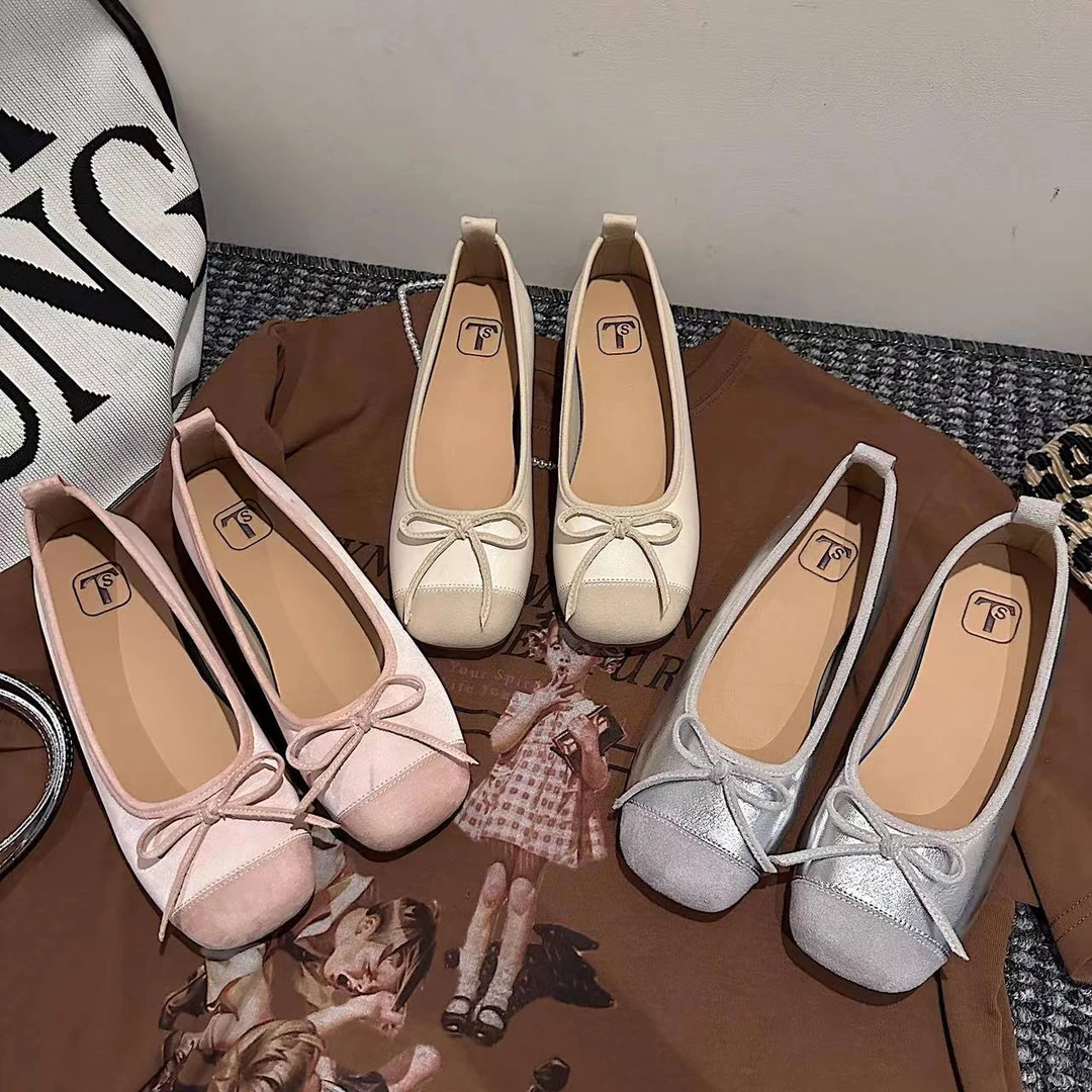 TS温柔蝴蝶结方头复古平底仙女新中式浅口鞋