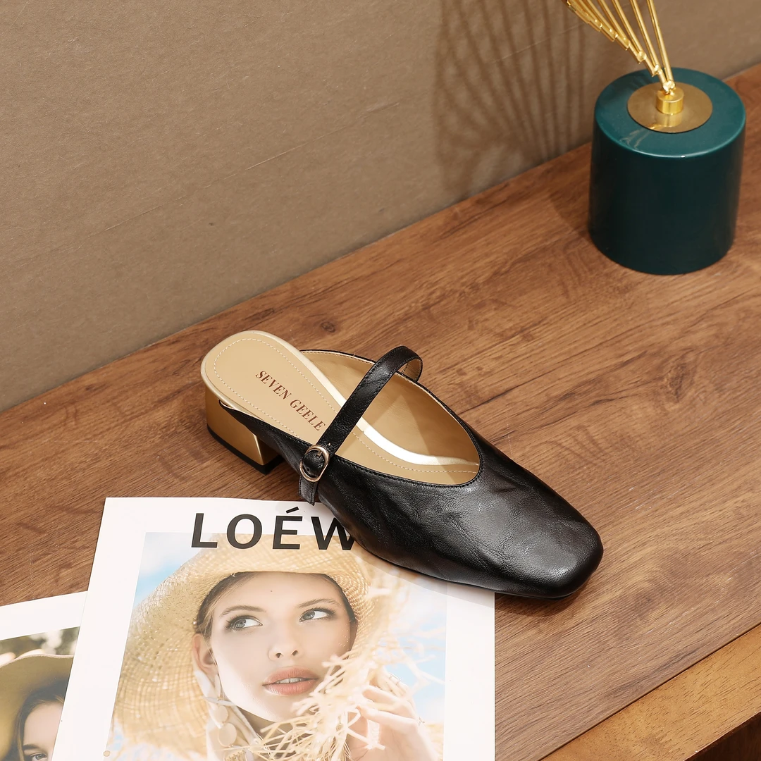 KFY【3cm】2024夏季新款真皮轻奢手抓羊皮清凉时尚包头拖鞋D520黑