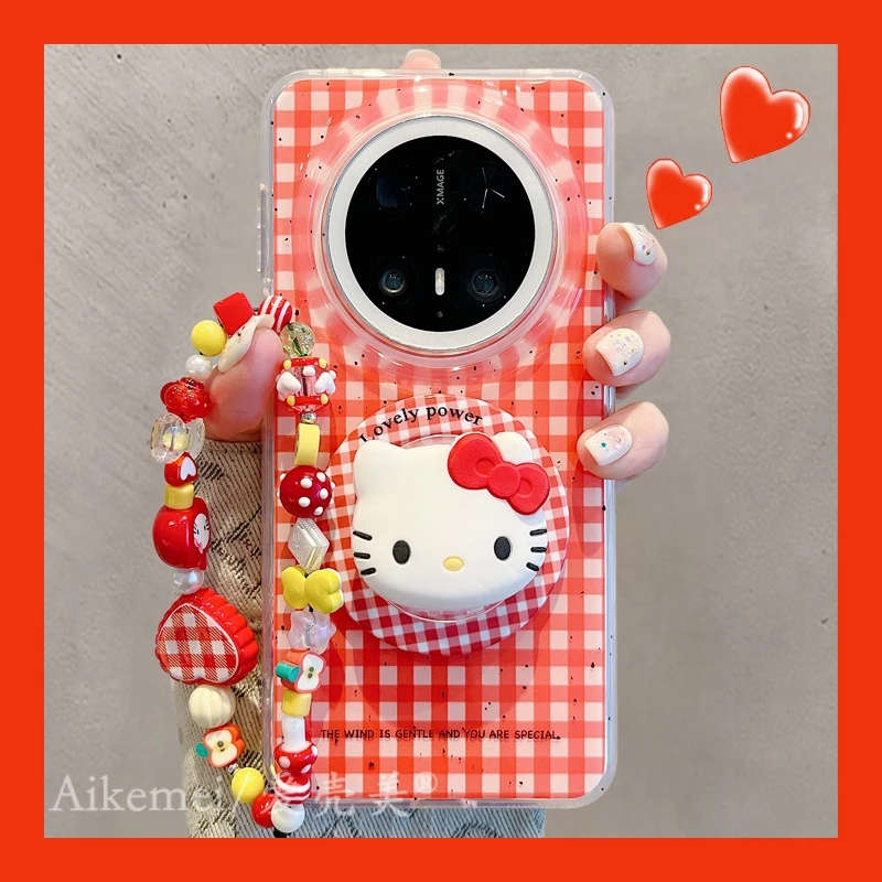 适用华为mate70pro+手机壳红色格纹kt猫mate60pro+西红柿磁吸支架