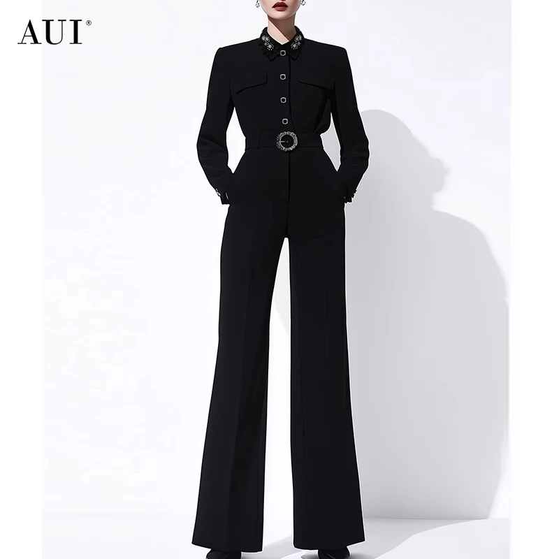 《李易行》AUI黑色设计感别致御姐气质阔腿裤-25W078239