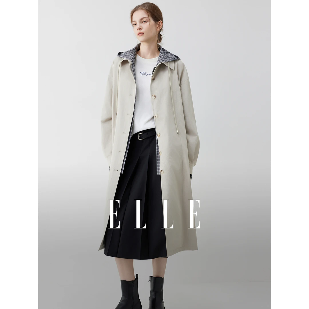 ELLE女装格纹拼接长款风衣2025秋季新款小个子宽松外套ED52628