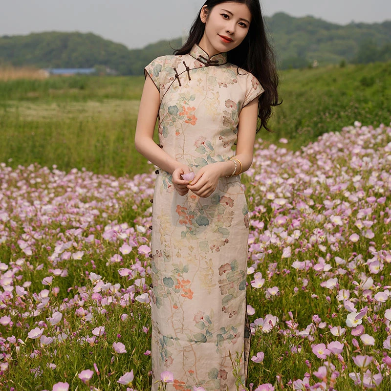 花涧玲珑缎春夏长旗袍苎麻气质百搭浅色新中式修身民国国画小清新