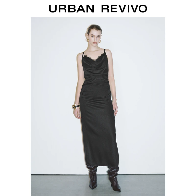 UR2025春季新款女装魅力蕾丝荡领吊带牛仔连衣裙UWG850022