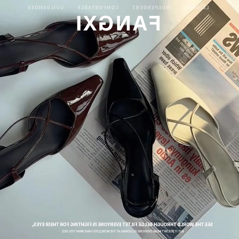 牛皮版~罗马方头一字扣带包头高跟凉鞋女夏细跟鞋子后空绊带单鞋