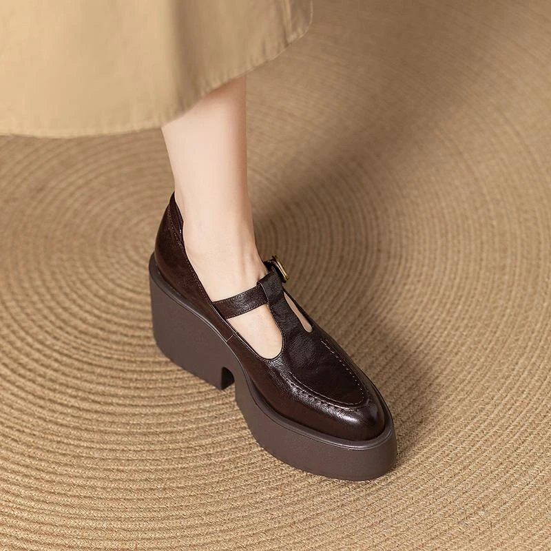 巨好穿英伦风复古羊皮厚底玛丽珍鞋女春秋百搭小皮鞋尖头高跟单鞋