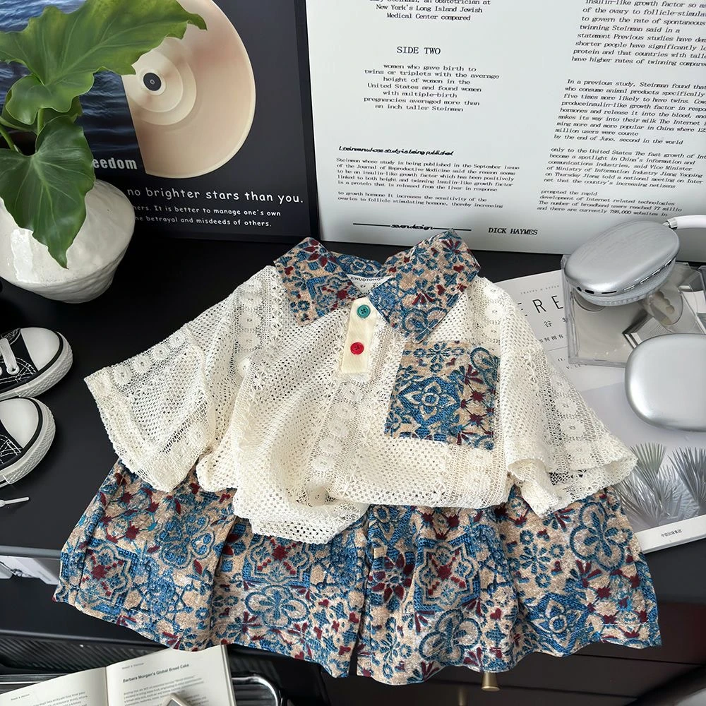 夏季新款儿童民族风版镂空短袖短裤套装