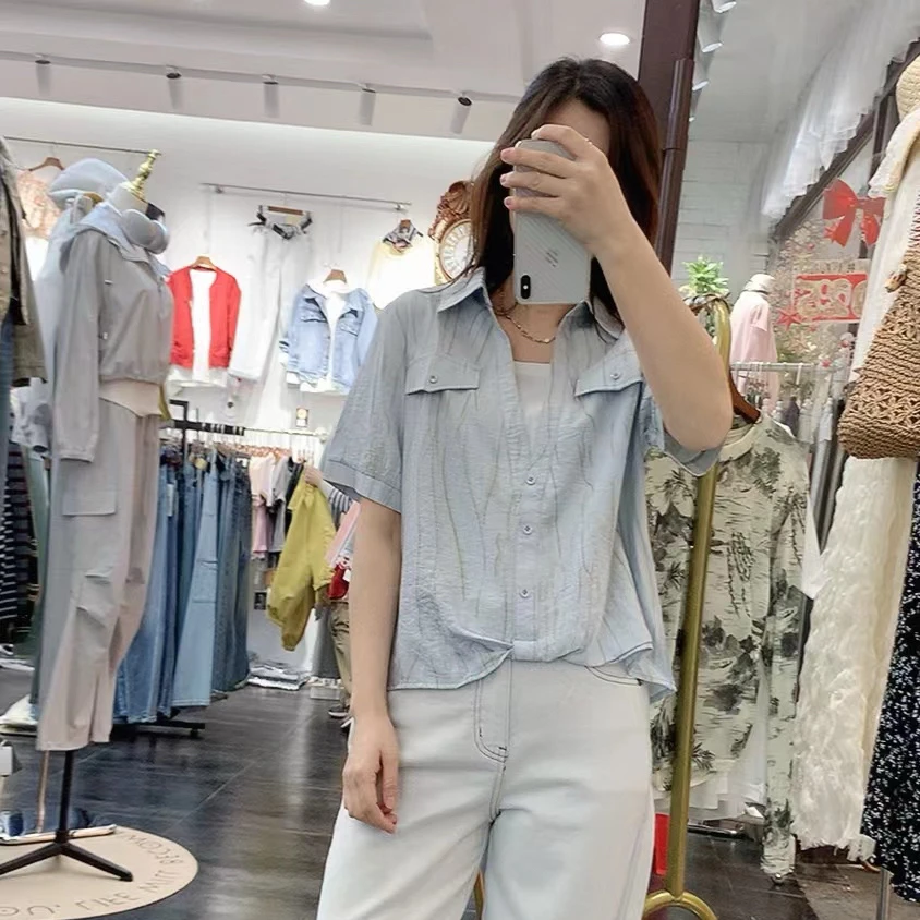 夏季新品薄款清凉时尚高档轻熟风短袖翻领衬衫假两件设计女衬衣潮