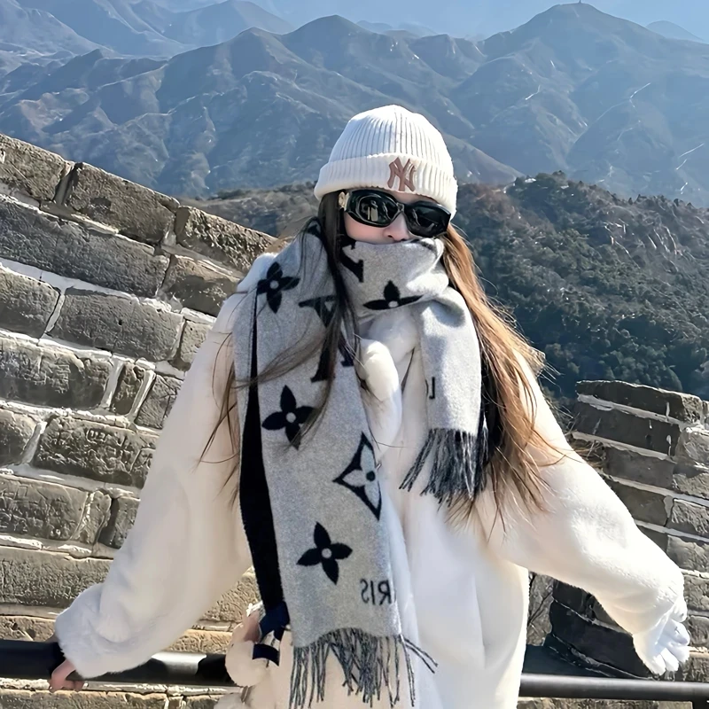 【芯片顶板礼盒】高货L家大牌双面羊绒围巾冬季经典款披肩加厚保暖