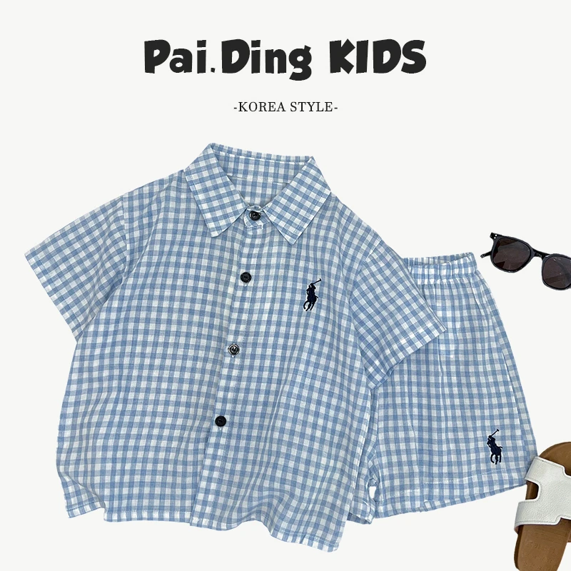 Q夏装儿童韩版时尚经典格纹刺绣标休闲宽松衬衫套装SJ5309-XX3