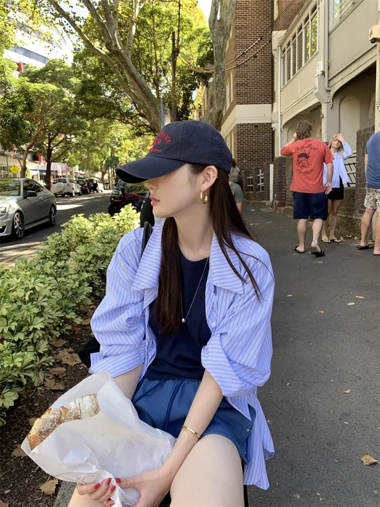 Miss sumeyY3743自制韩版宽松翻领条纹长袖衬衫女2025春夏新款