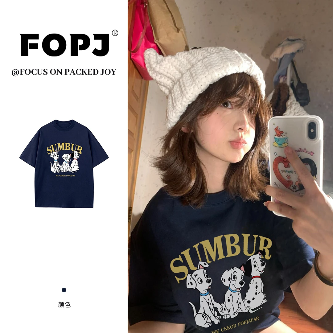FOPJ美式复古狗狗印花短袖t恤女夏季新款小众百搭宽松圆领上衣