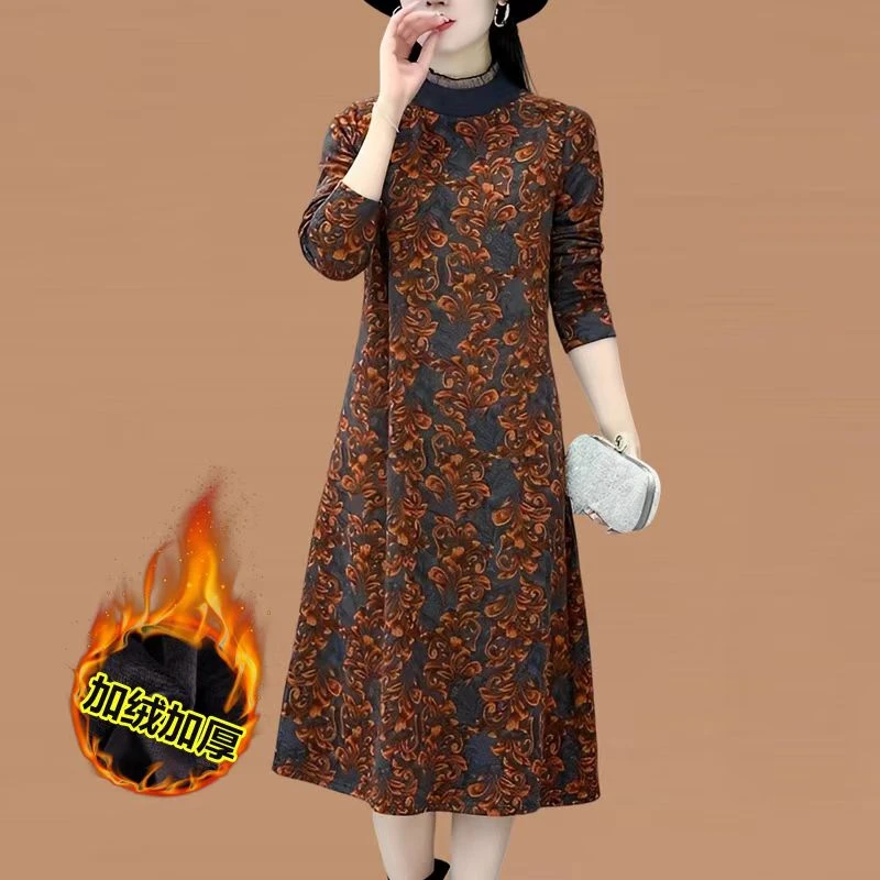 11163-中年女秋冬加绒加厚连衣裙遮肚妈妈装冬季打底裙子【老仓库】