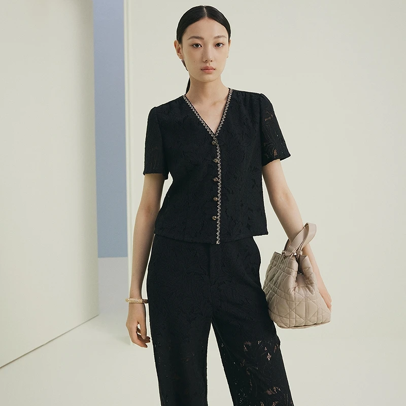 FS优雅V领珍珠扣蕾丝收腰短袖短外套女25夏新款1222A