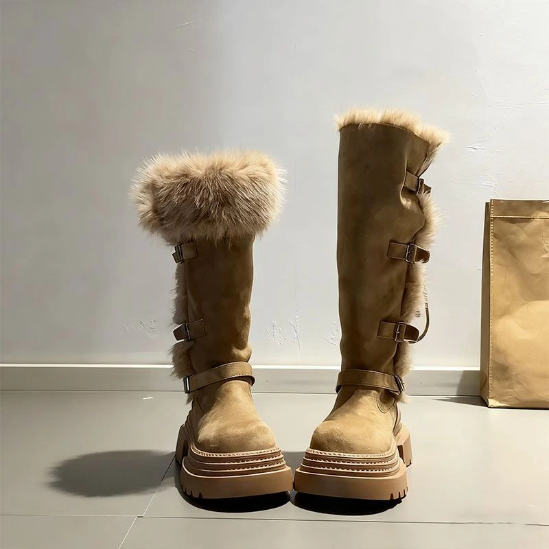 厚底两穿毛绒雪地靴女2025冬季显瘦高筒加绒保暖防滑扣带长筒靴潮