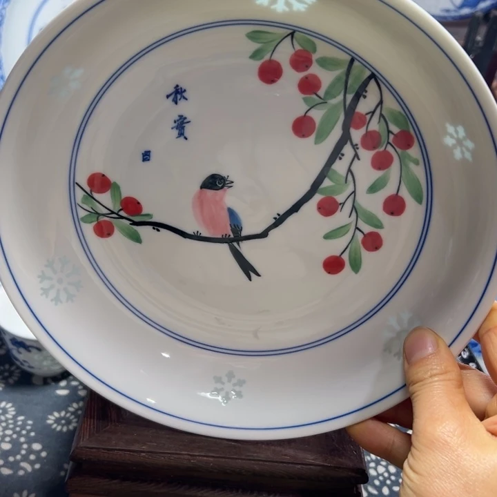 陶瓷手绘雕刻8寸花鸟盘子