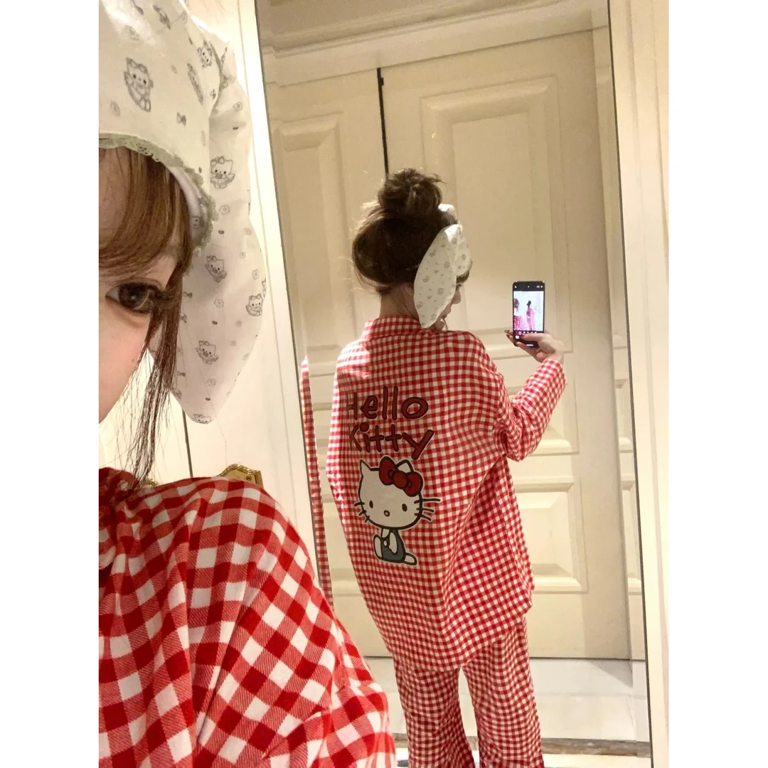【格纹kitty】甜美凯蒂猫睡衣女春秋新款2025年格子开衫家居服套装