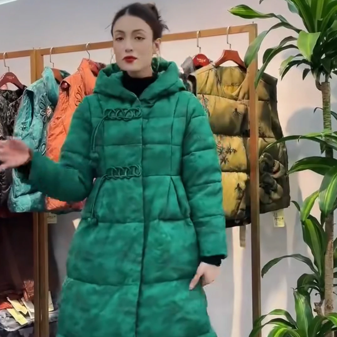 卓垃新款羽绒服冬季短款连帽优等品保暖加绒加厚款绿色长款