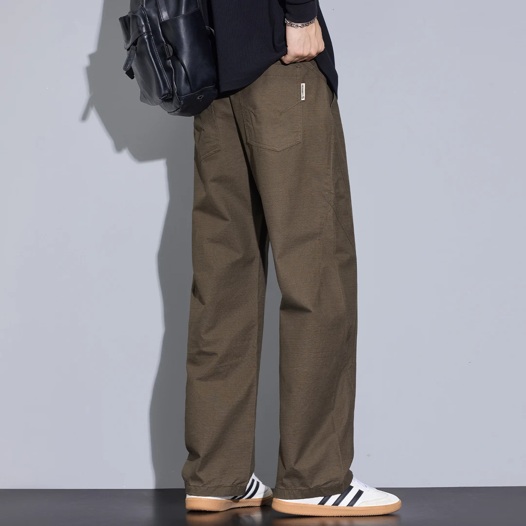 Kuvine格纹肌理复古深咖休闲裤男冬季加绒弧形拼接宽松直筒长裤子