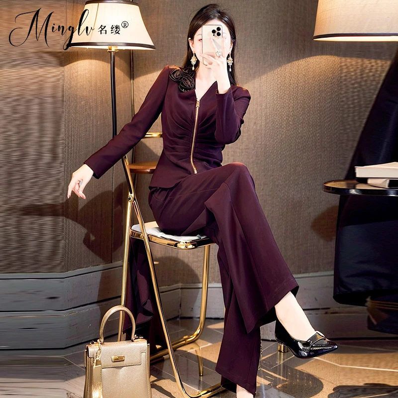 一整套入冬穿搭休闲运动减龄安哥拉红色拉链开衫阔腿裤两件套装女