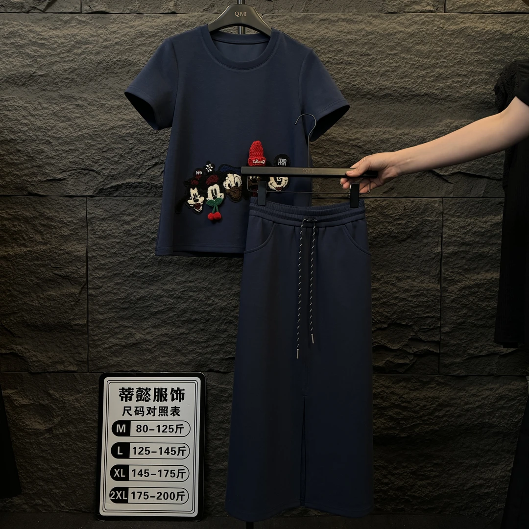现货！2025原创大码高定设计款蓝色卡通休闲两件套半身裙25027