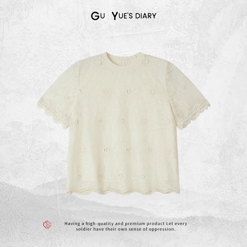 【织花】简约提花蕾丝绣花T恤时尚亲肤春夏款通勤风上衣