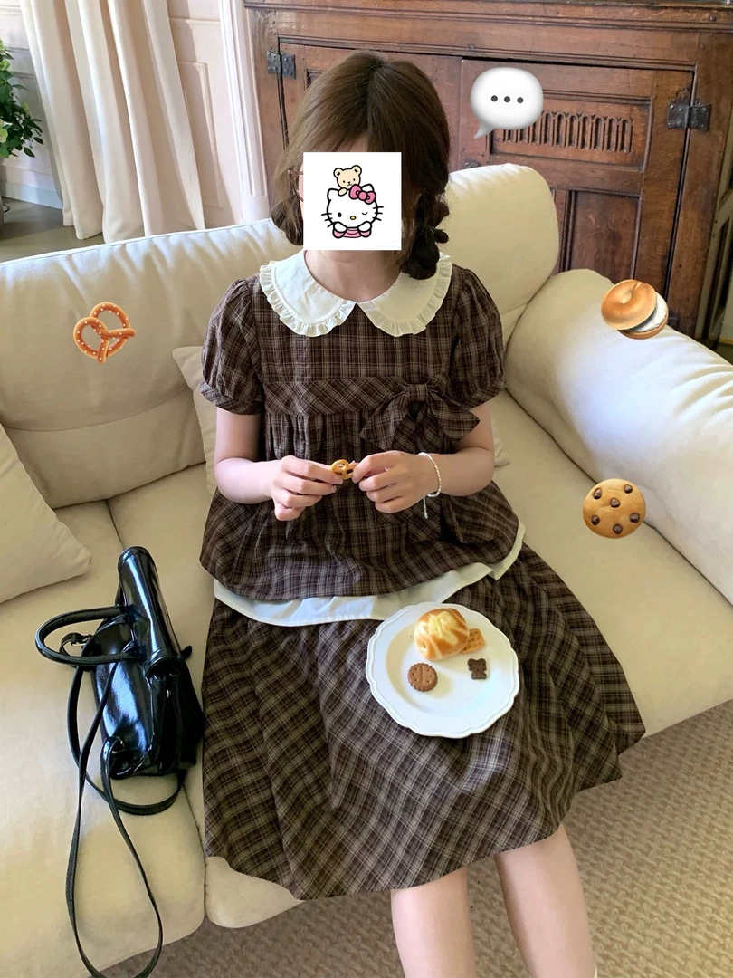 甜美可爱复古蝴蝶结娃娃衫格纹半身裙套装裙女夏两件套