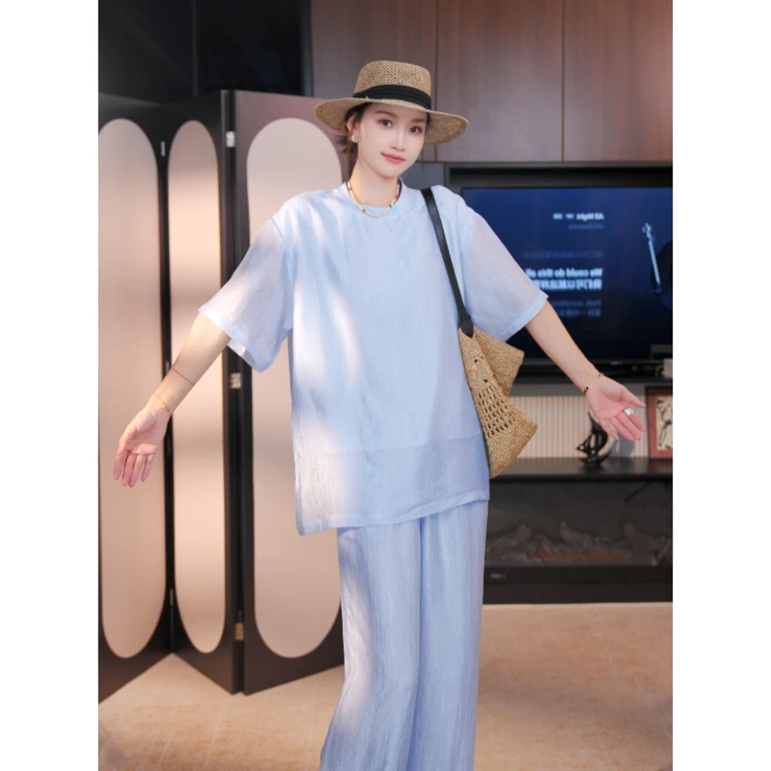 极简主义 夏季醋酸褶皱肌理空气感清凉气质短袖高腰长裤套装