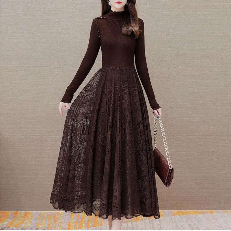 针织连衣裙女秋冬2025新款配大衣毛衣裙假两件长款修身蕾丝打底裙