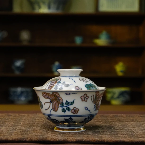 【欢欢推荐】雨溪山房描金五彩蝶恋花盖碗010