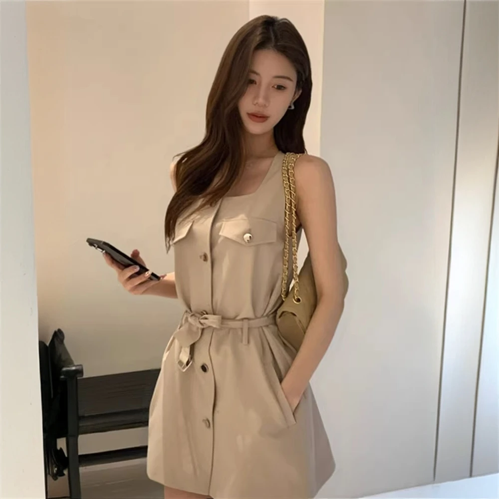 【韩版女装】气质工装风衬衫连衣裙夏季新款休闲百搭方领背心短裙子