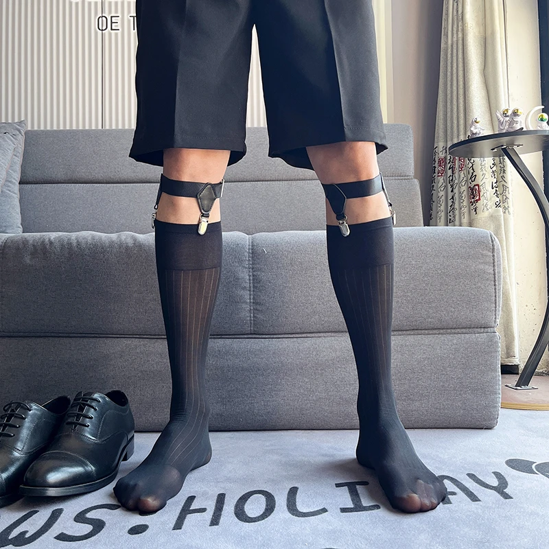 男士丝袜条纹商务正装黑丝滑超薄顺滑男士休闲性感皮鞋搭配小腿袜