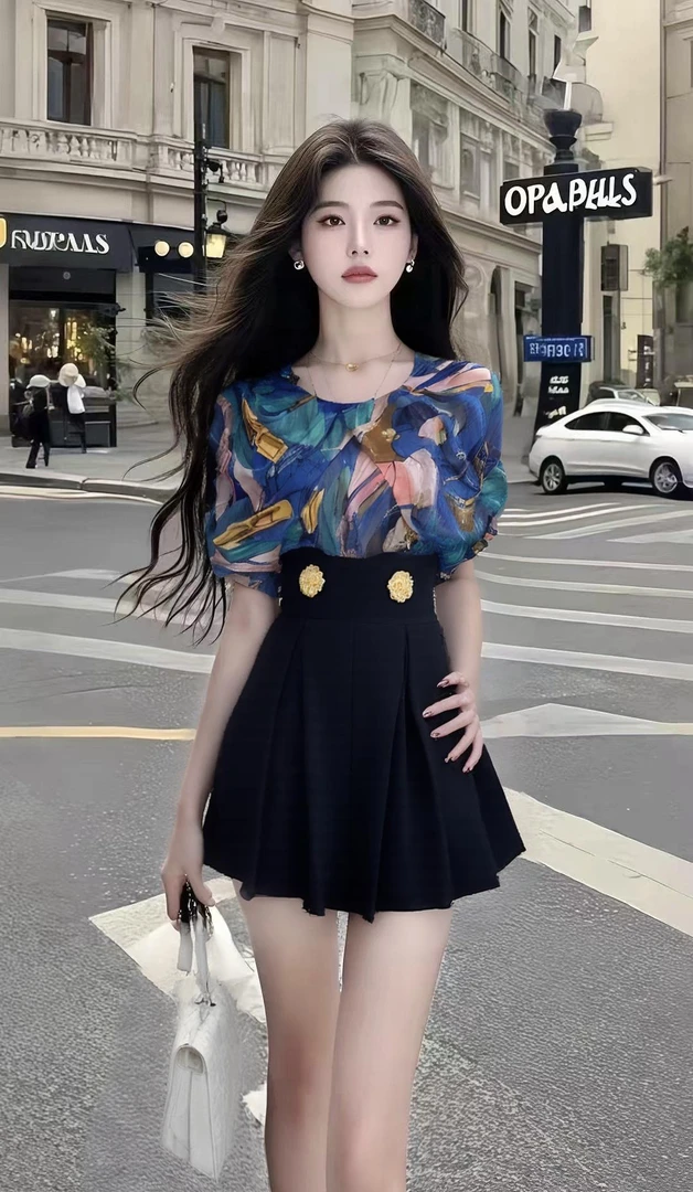 轻熟减龄气质撞色设计圆领短袖上衣+高腰黑色百搭半身裙女两件套