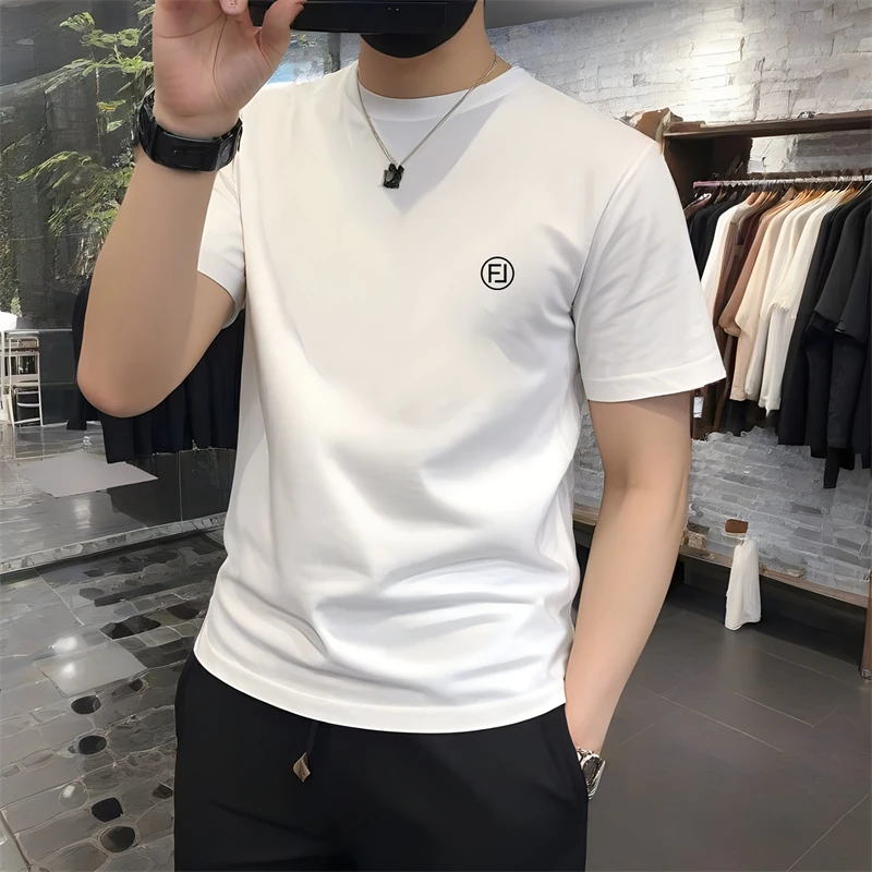 潮牌白色纯棉短袖T恤男士2025新款夏季简单圆领修身半袖体恤男款