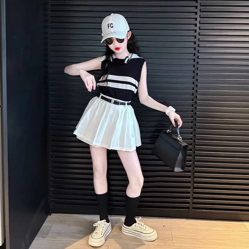 儿童背心夏季2025新款女童薄款外穿无袖上衣大童女孩洋气吊带套装