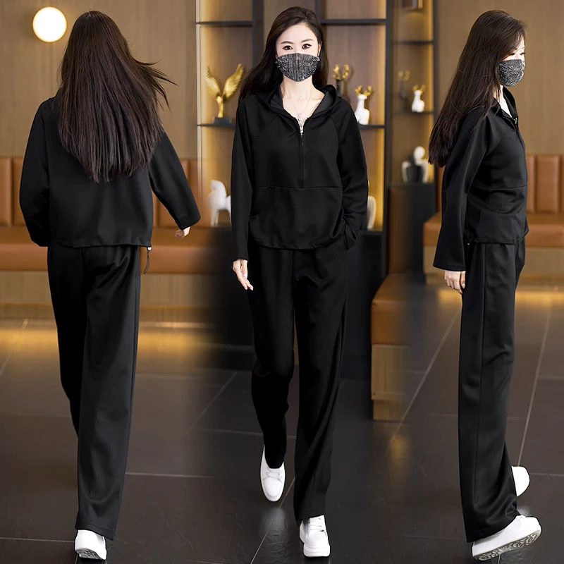 春秋大码女装新款休闲套装时尚宽松显瘦气质洋气长袖连帽两件套
