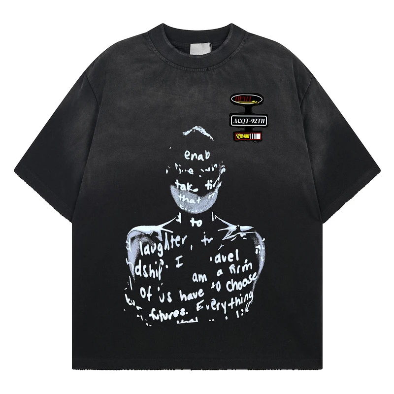 美式复古水洗虚无人像印花T恤男女夏季宽松个性情侣上衣潮流半袖
