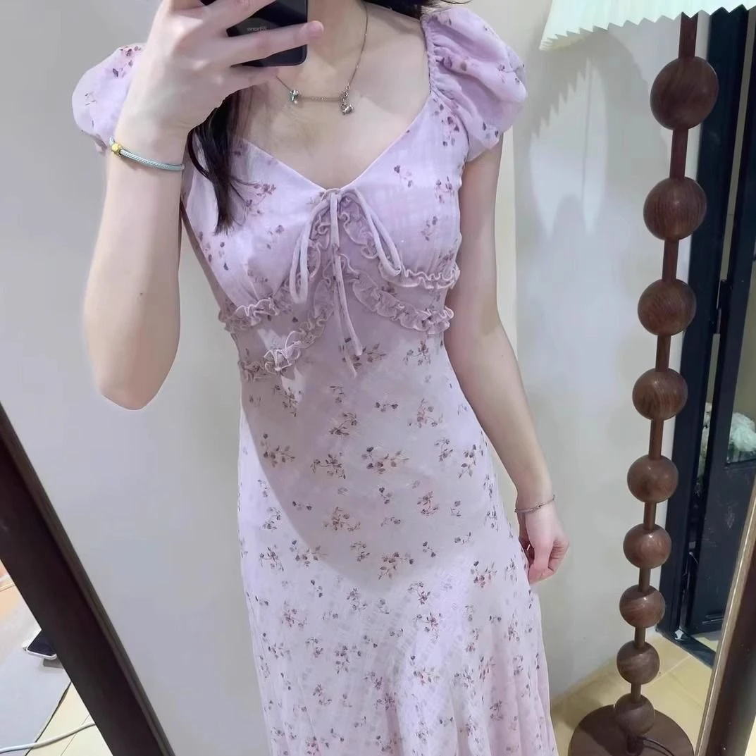 法式绝美V领碎花连衣裙女收腰显瘦优雅气质度假长裙