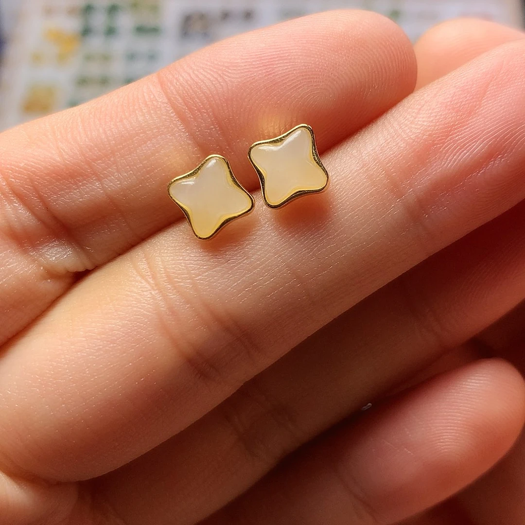 银S925镀金镶嵌和田玉（白玉）耳饰